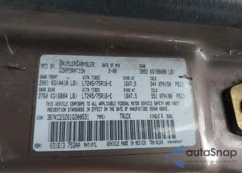 2001 Dodge Ram 2500 St z USA, uszkodzony, nr VIN 3B7KC23Z61G200531